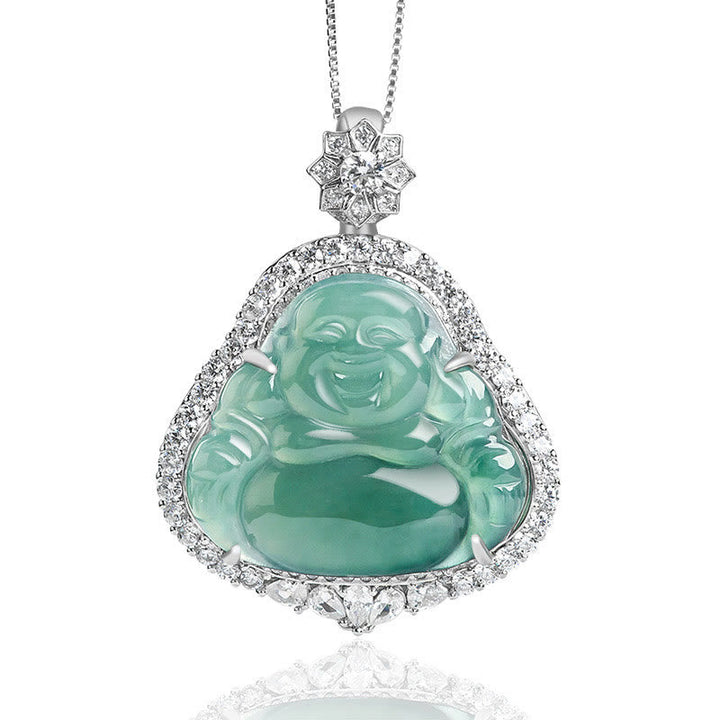 Kette grüne Jade Lachender Buddha Anhänger Silber