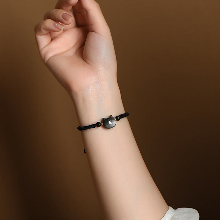 Armband Silber Obsidian Erdbeerquarz Katze – Schutz