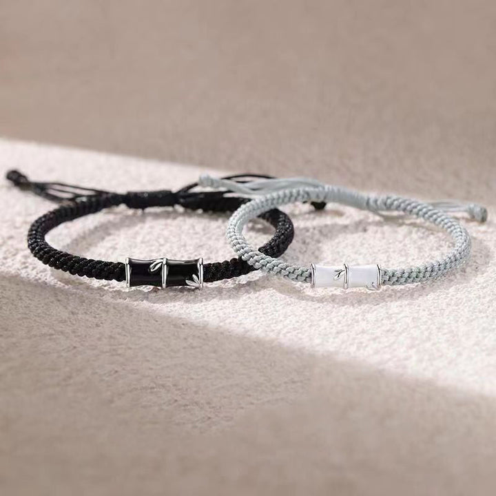 Bambus Armband – Heilung Paar schwarzweiß Seil elastisch Metallperlen.