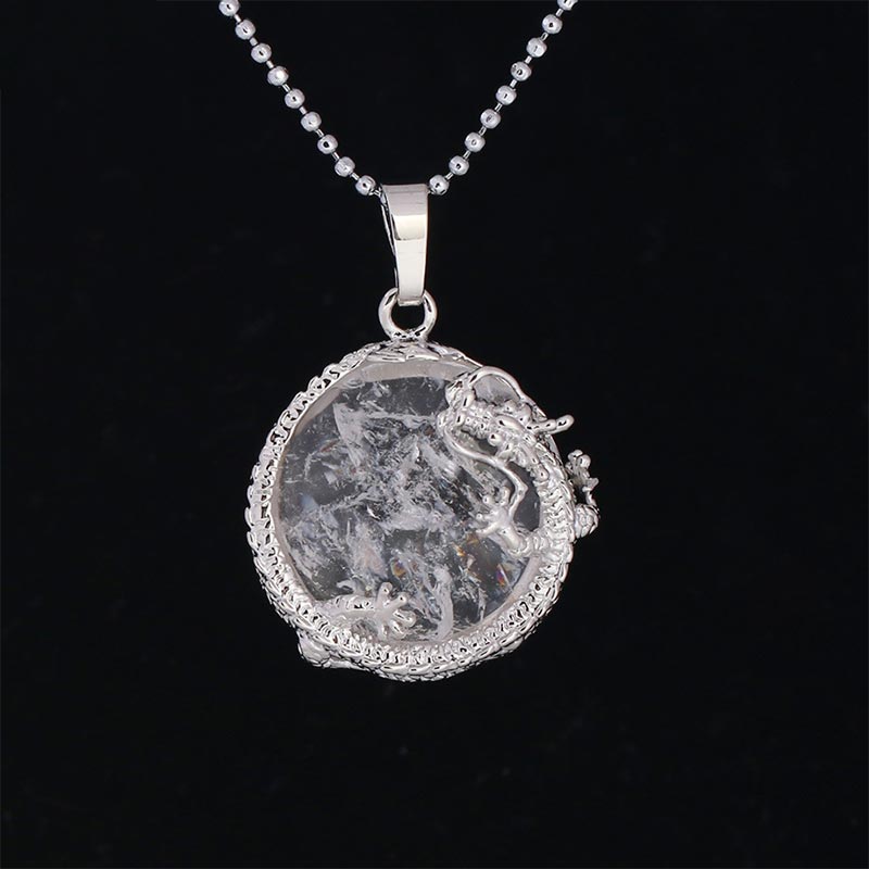 Silberne Kette mit rundem Rosenquarz Drachen Anhänger Naturstein