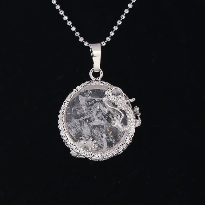 Silberne Kette mit rundem Rosenquarz Drachen Anhänger Naturstein