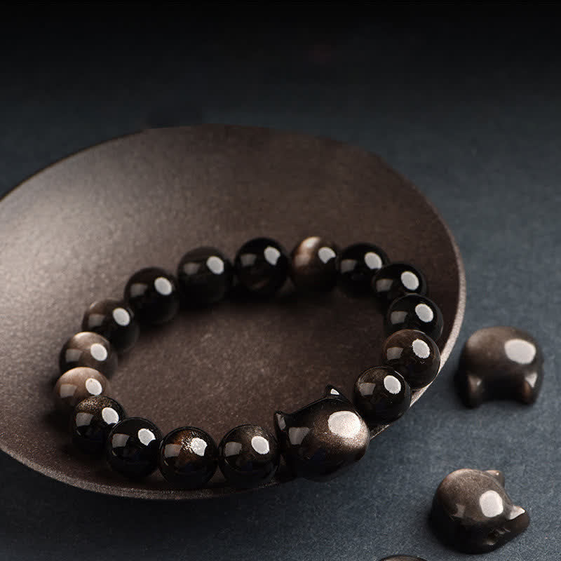 Armband Gold Silber Obsidian Katze - Schutz