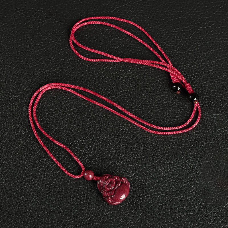 Zinnober Kette, Lachender Buddha Anhänger, Buddhistische Kette, Segen Schmuck, Glücksbringer, Rot