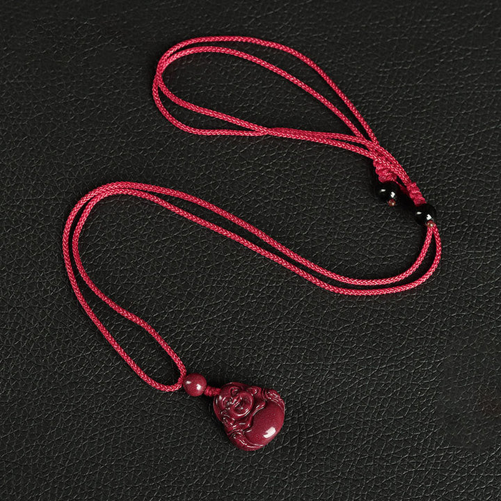 Zinnober Kette, Lachender Buddha Anhänger, Buddhistische Kette, Segen Schmuck, Glücksbringer, Rot