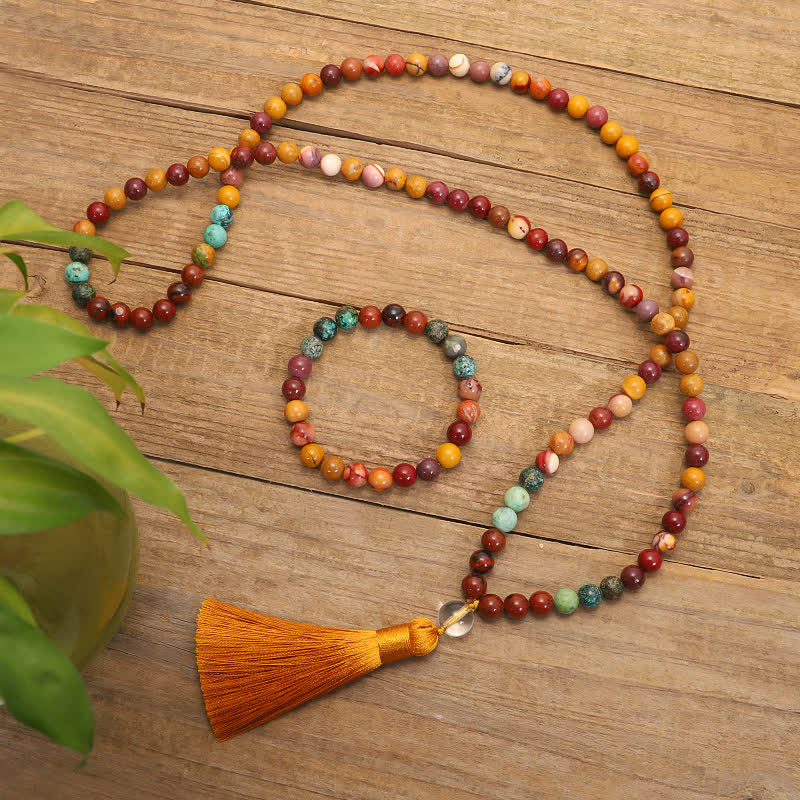 Mala 108 Perlen Mookaite Emotional Halskette mit orangem Quaste Holz
