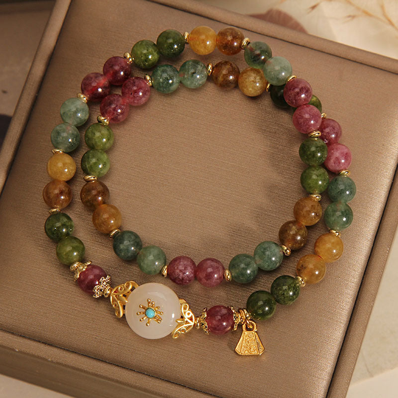 Armband Bunt Tourmaline Jade Blume goldene Perlen elastisch Naturstein