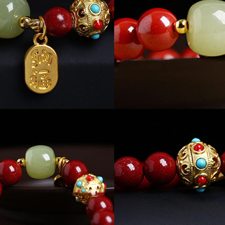 Armband Grüner Aventurin Zinnober Naturstein Perlen Gold Verzierungen Detailansicht