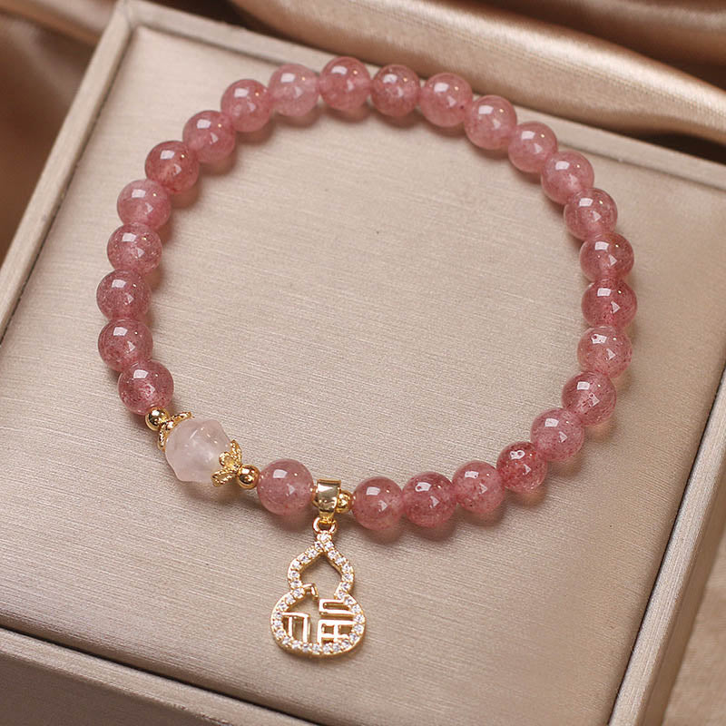 Armband Erdbeerquarz Fu-Zeichen Rosa Perlen Gold Anhänger elegant