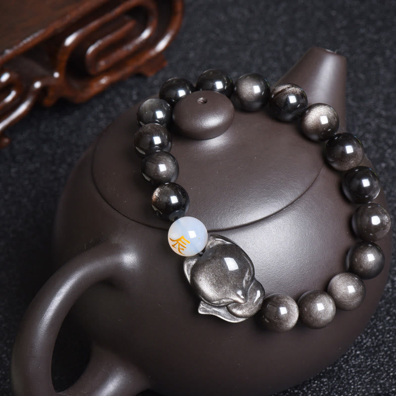 Obsidian Armband Silber Fuchs – Heilung mit schwarzen Perlen elegant.