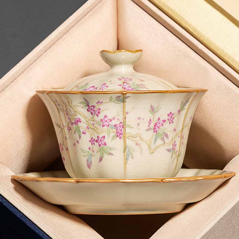 Teetasse Mit Deckel Pflaumenblüte Sancai Keramik Pfirsichzweig mit Geschenkbox