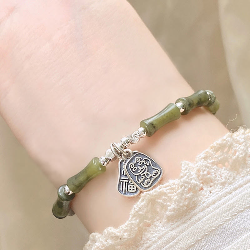 Jade Armband 925 Silber Fu-Zeichen Glück Fülle Naturstein elegant getragen