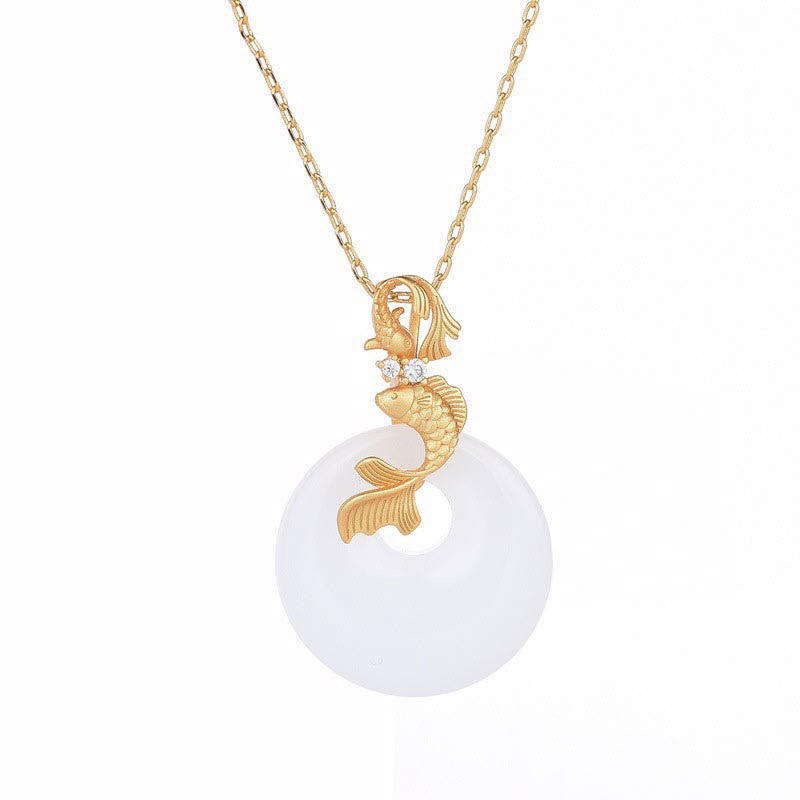 Kette weiße Jade Koi Fisch Gold Anhänger