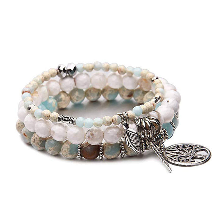 Armband Türkis Lebensbaum Balance Naturstein mehrreihig elastisch Nahaufnahme