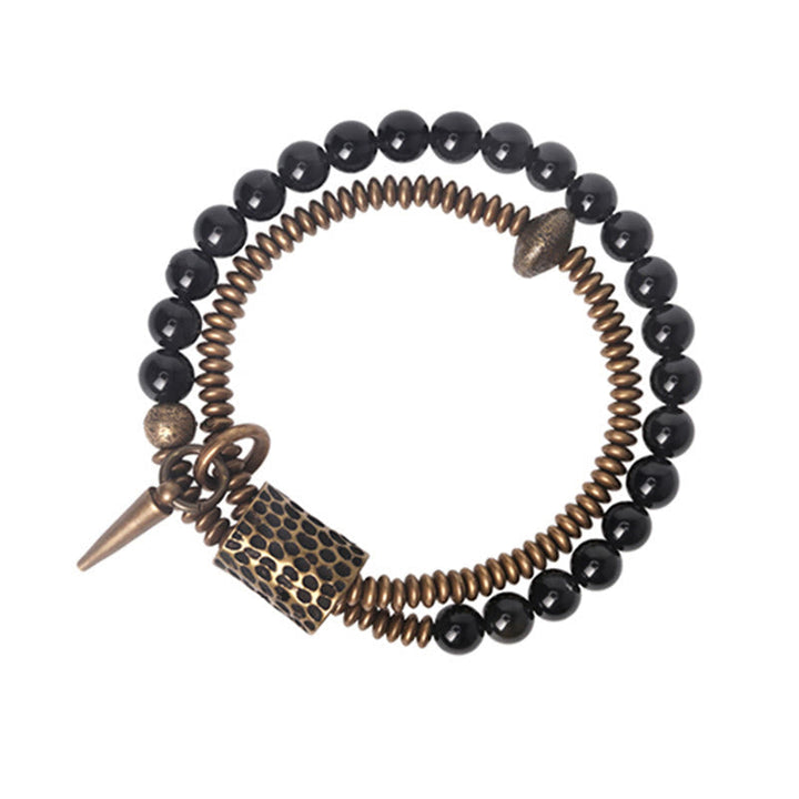 Armband Obsidian Kupfer schwarze Perlen bronzefarbene Spikes Charm