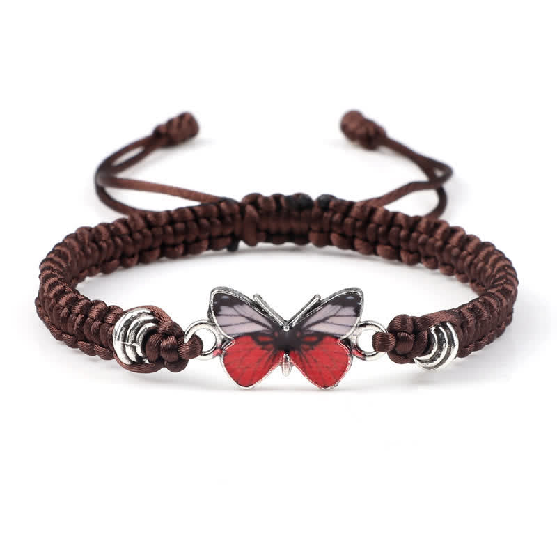 Armband Schmetterling – Liebe mit rotem Schmetterling braune Kordel Nahaufnahme