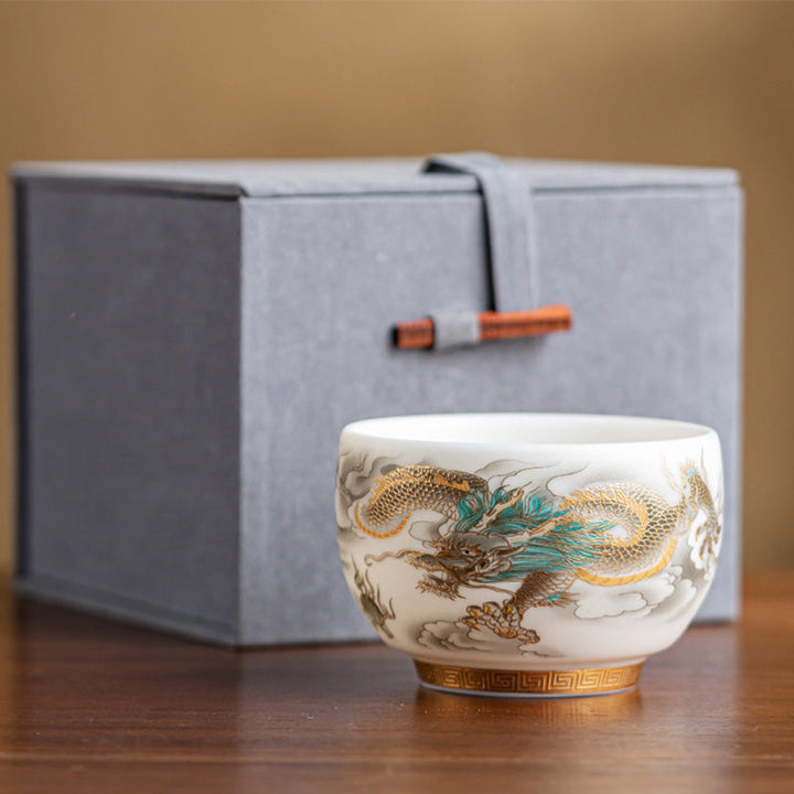 Teetasse Porzellan Drachen Phönix Goldener Drache 140ml Geschenkbox