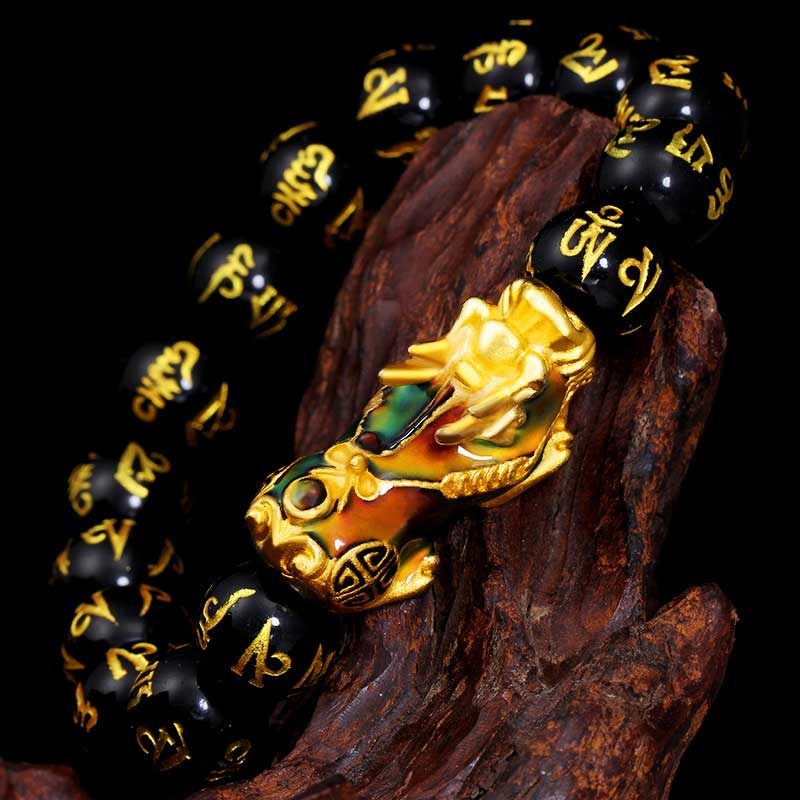 Obsidian Armband Om Mani Padme Hum – Wohlstand goldene Pixiu Perle Holzast
