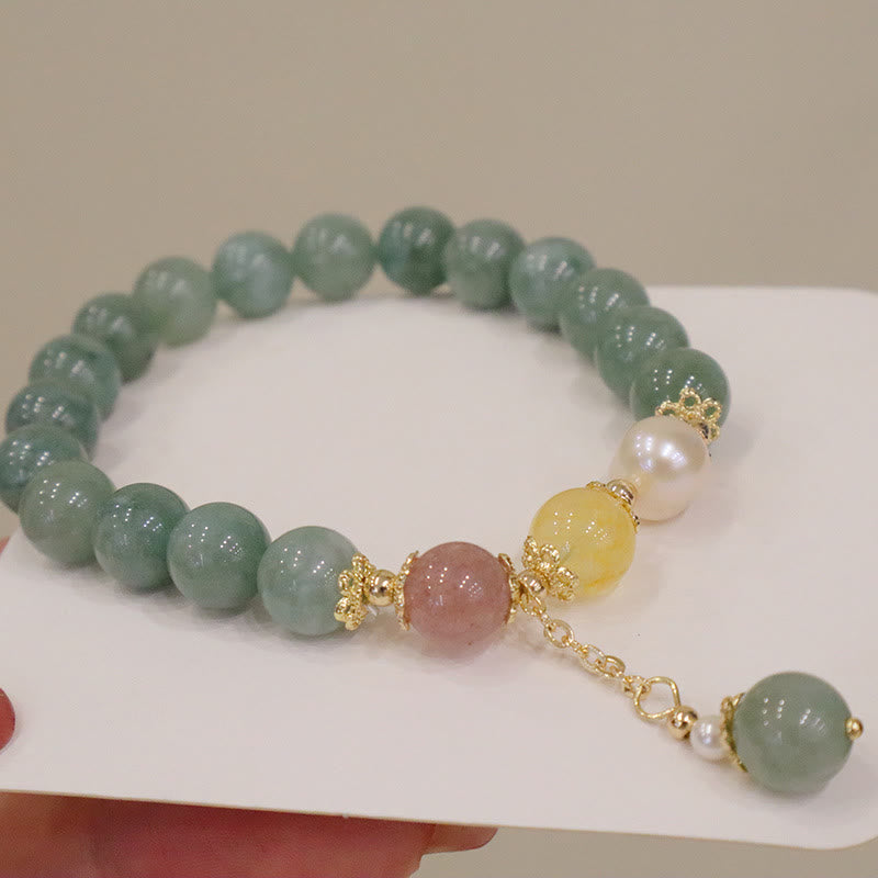 Armband Erdbeerquarz Perle Jade grün elegant mit Perlenanhänger