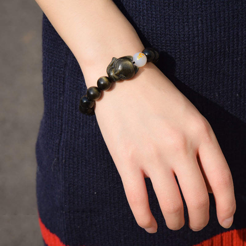 Obsidian Fuchs Armband Silber Heilung Naturstein schwarze Perlen elegant