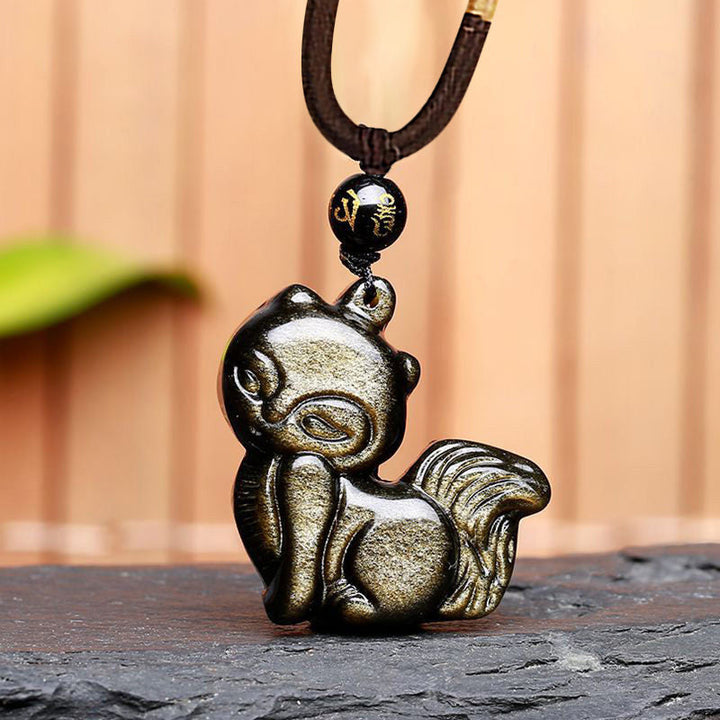 Obsidian Kette mit Neunschweif-Fuchs Anhänger schwarzer Naturstein