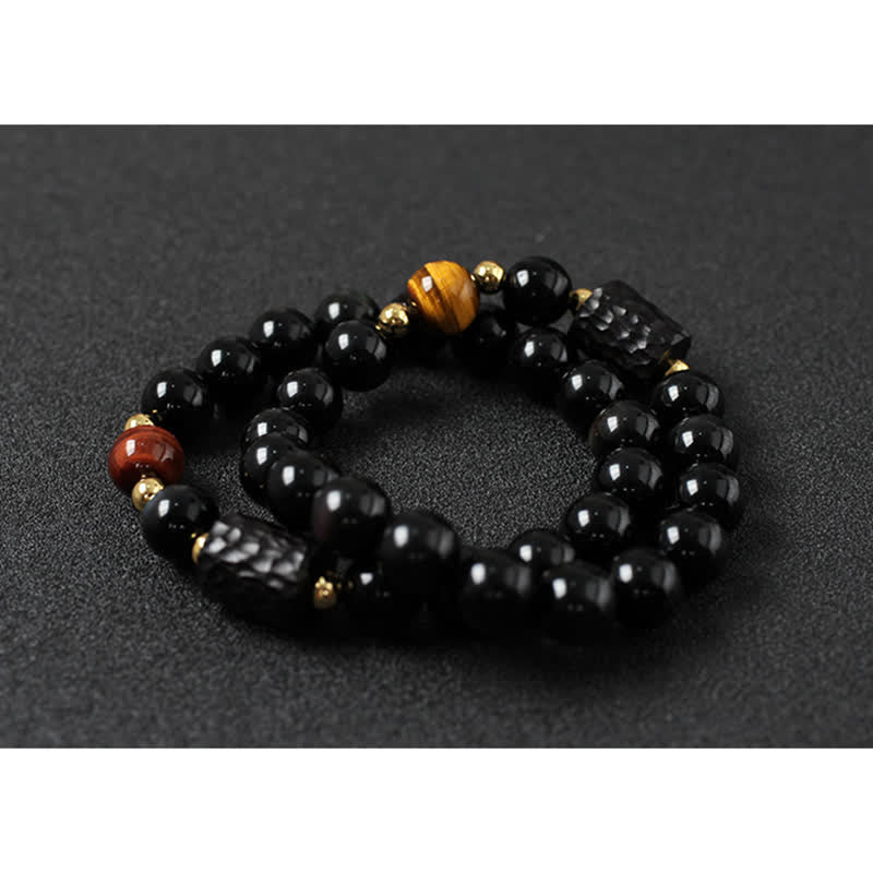Armband Schwarzer Obsidian Tigerauge Paar – Stärke mit goldenen Perlen
