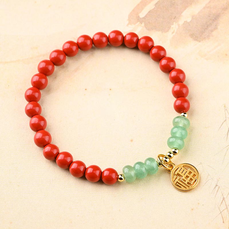 Armband Grüner Aventurin Zinnober rot grüne Perlen Goldanhänger elastisch