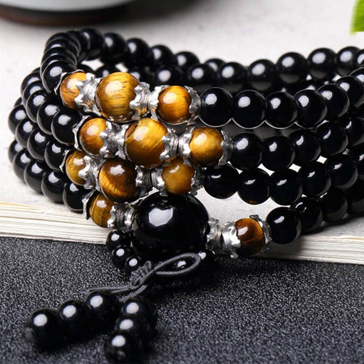 Mala 108 Perlen Schwarzer Obsidian Tigerauge