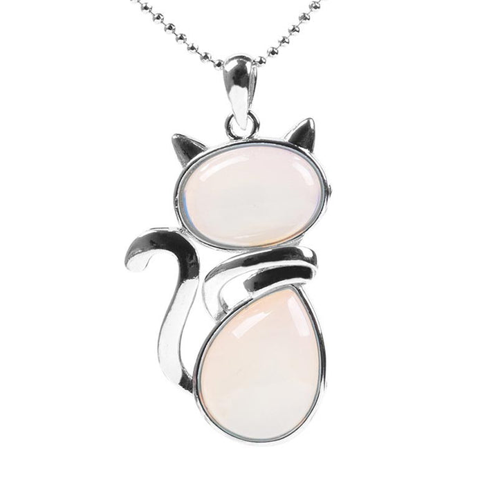 Silberfarben Katze Anhänger Kette mit Opalstein Naturstein Schmuck