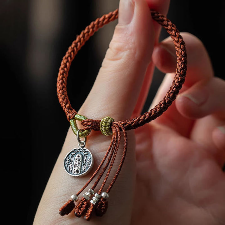 Braunes Seidenarmband 925 Silber mit chinesischen Schriftzeichen Schutz Glück Energie