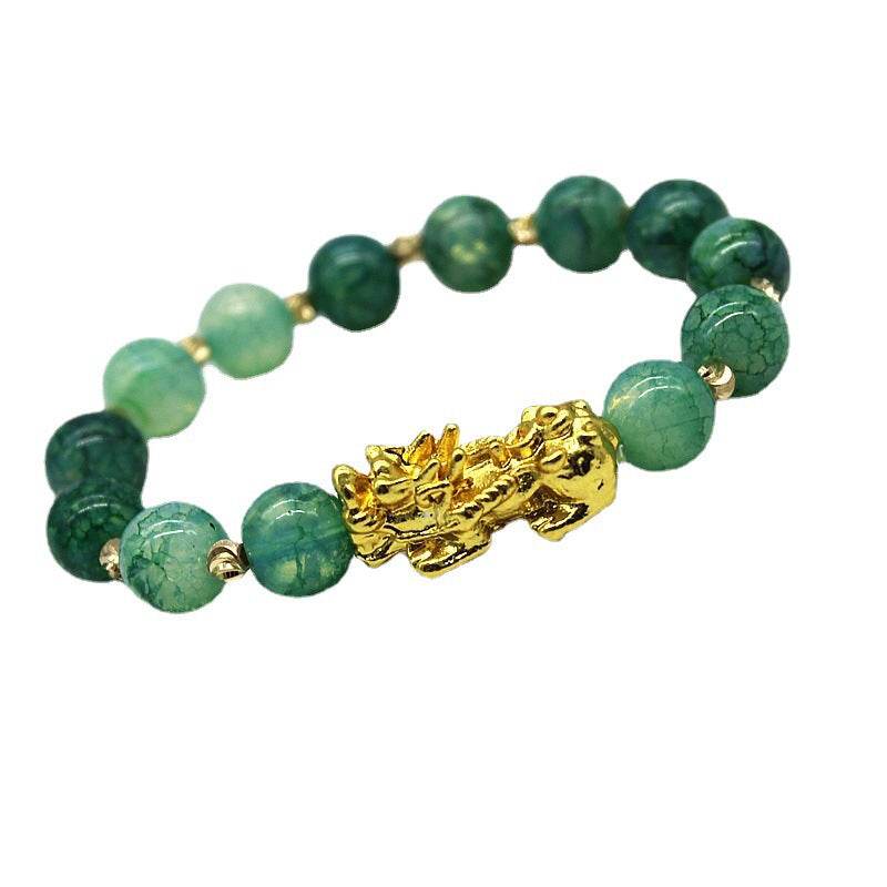 Armband Cyan Jade Pixiu – Erfolg, grüne Natursteine mit goldenem Pixiu Charm