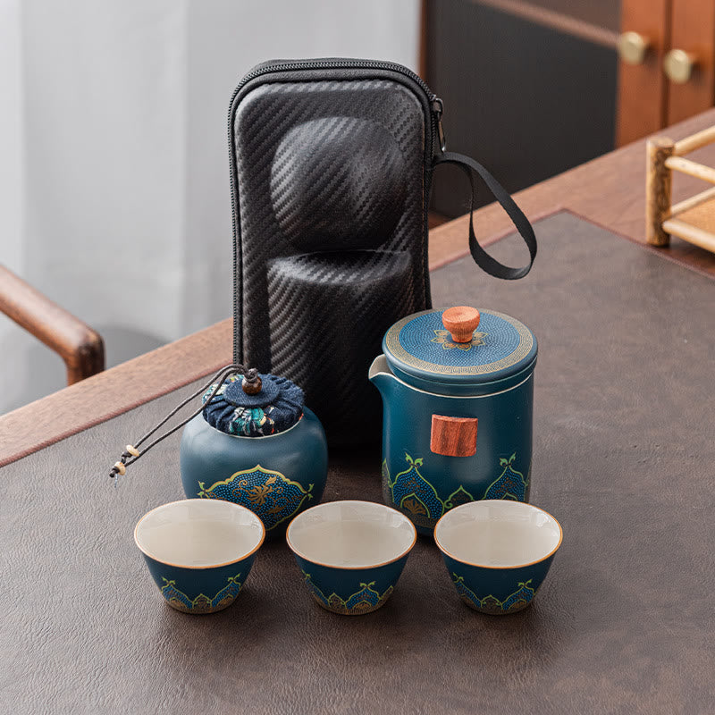 Teeset Cyan / 1 Kanne+3 Tassen+1 kl. Tasche+1 Teedose