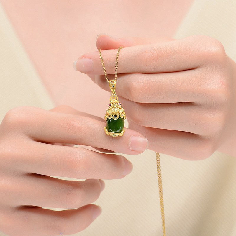 Kette Jade Pixiu Heilstein Natur Balance Goldanhänger