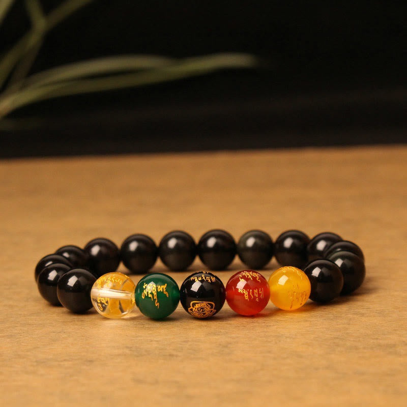 Armband Kristall Achat Fünf Elemente schwarze Perlen Wohlstand Naturstein