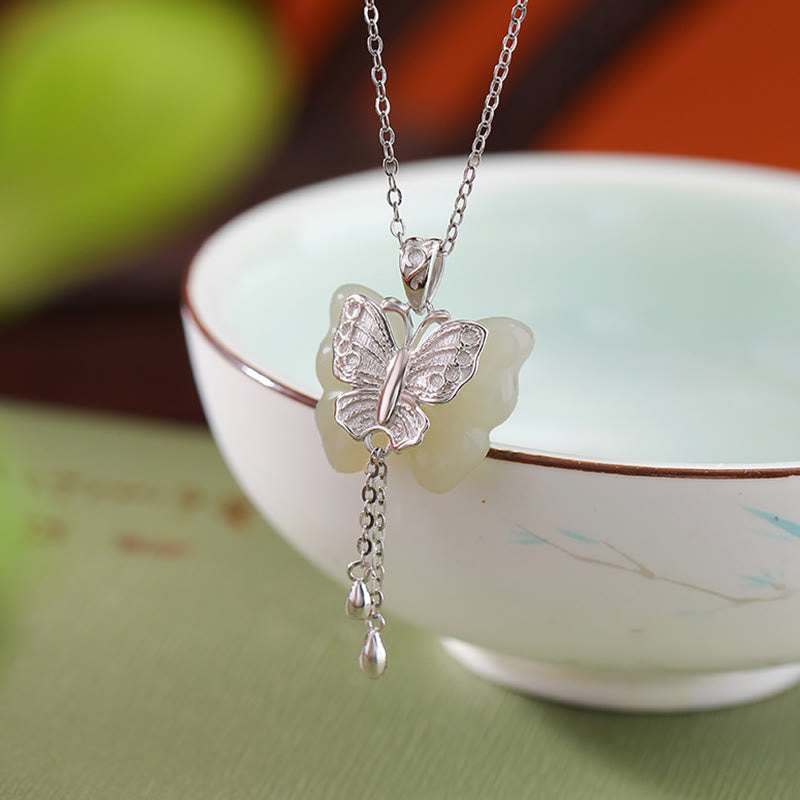 Silber Schmetterling Anhänger Jade Halskette Segen
