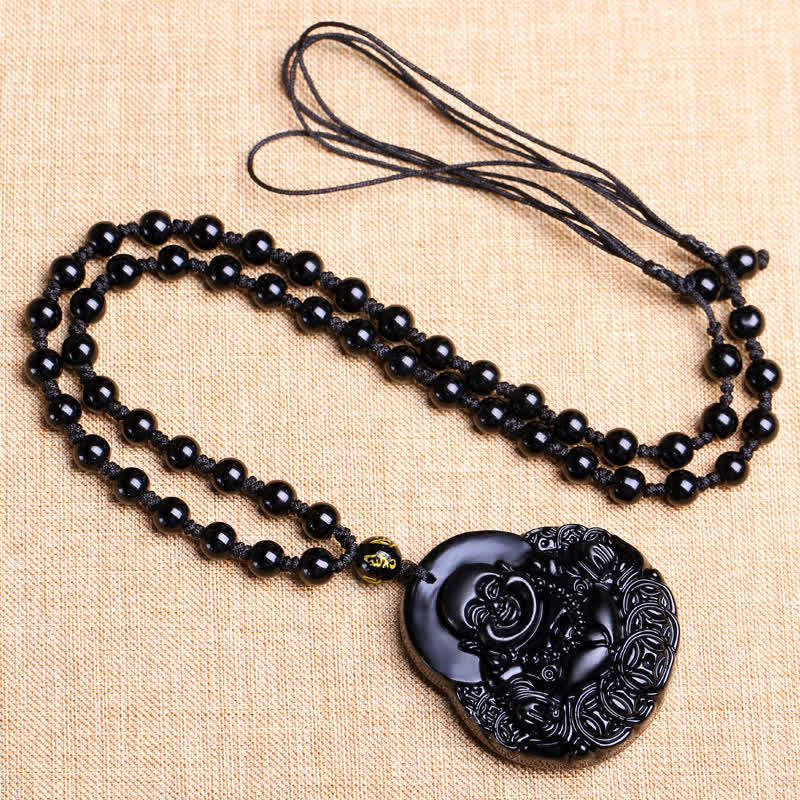 Anhänger Obsidian Lachender Buddha Kette schwarze Perlen Naturstein Anhänger