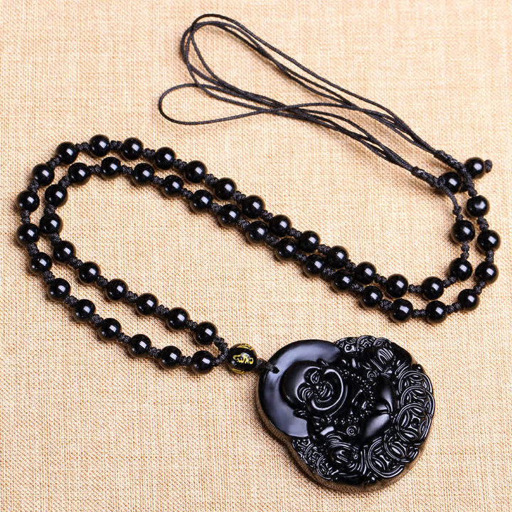 Anhänger Obsidian Lachender Buddha Kette schwarze Perlen Naturstein Anhänger