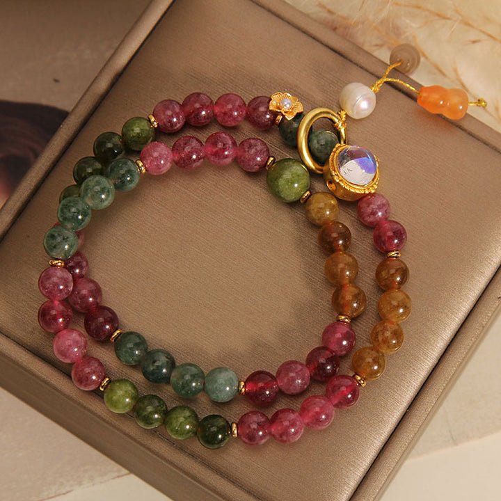 Armband Bunt Tourmaline Positiv Doppelt Gewickelt Naturstein Perlen Gold.
