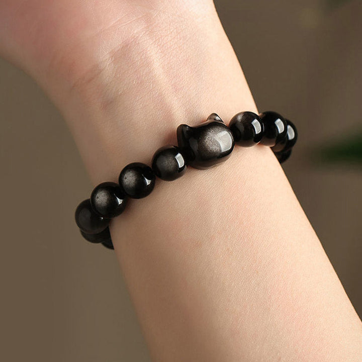 Armband Gold Silber Obsidian Katze - Schutz