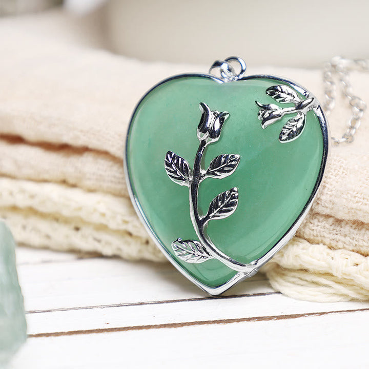 Grünes Aventurin Herz Kette Blume Silber Anhänger Naturstein Schmuck