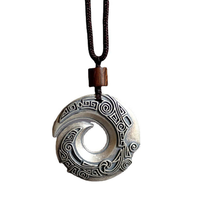 Kette Kupfer Glücksmünze Spiralmuster Holzperle schwarzes Band Anhänger