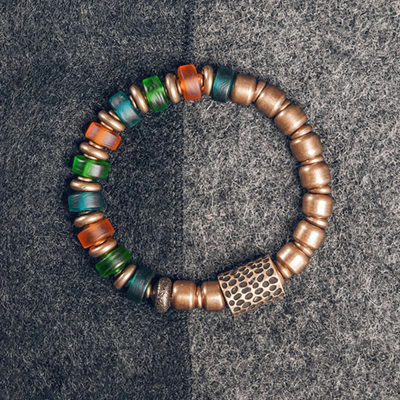 Armband Kupfer Colorful mit grünen und orangefarbenen Glasperlen Wohlstand.