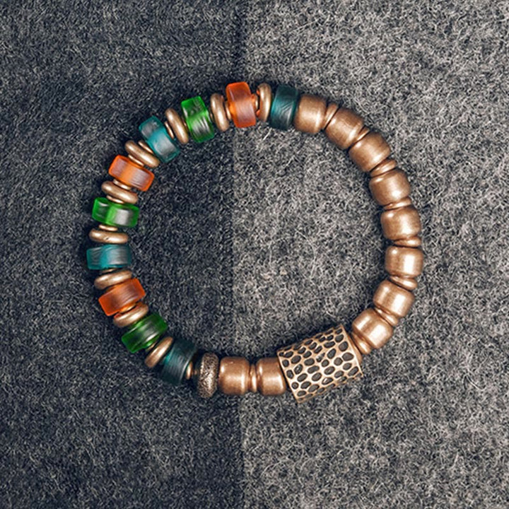 Armband Kupfer Colorful mit grünen und orangefarbenen Glasperlen Wohlstand.