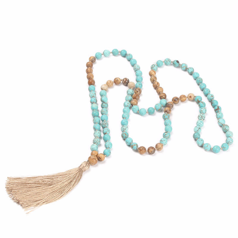Mala 108 Perlen Türkis Jaspis Halskette mit Quaste Meditation Schmuck