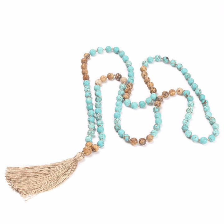 Mala 108 Perlen Türkis Jaspis Halskette mit Quaste Meditation Schmuck