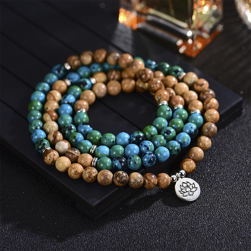 Mala 108 Perlen Mehrschichtig – Heilung Armband Blaugrün Braun Naturstein