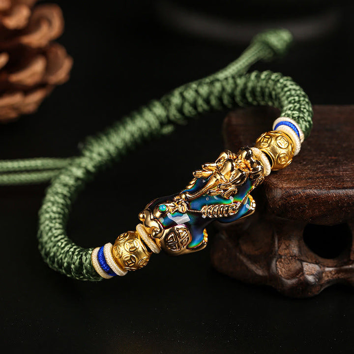 Armband Kupfer Pixiu grünes Seil vergoldete Perlen Wohlstand Schmuck