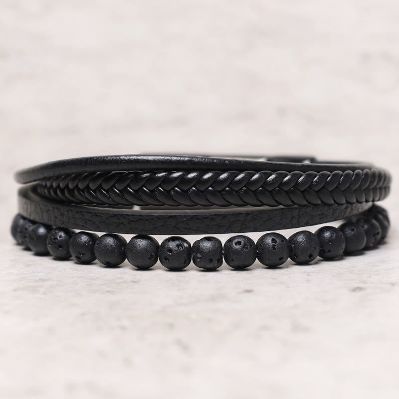 Armband Lava Stein Schwarz Onyx Leder