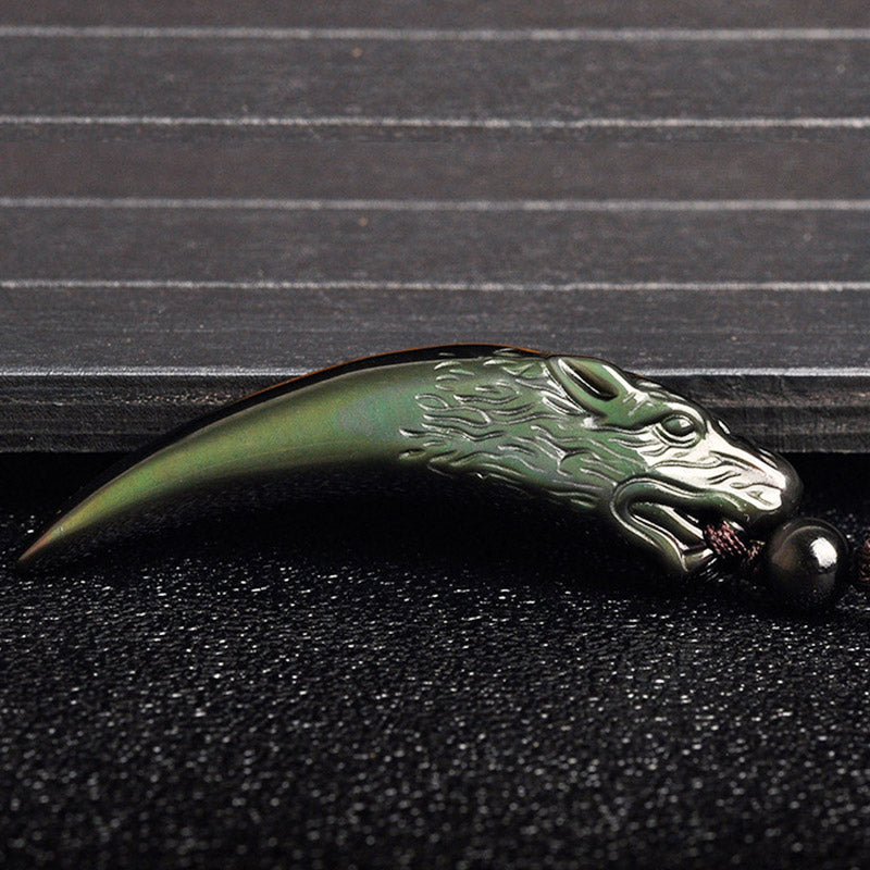 Obsidian Anhänger Kette Wolf Wolfszahn Naturstein Stärke