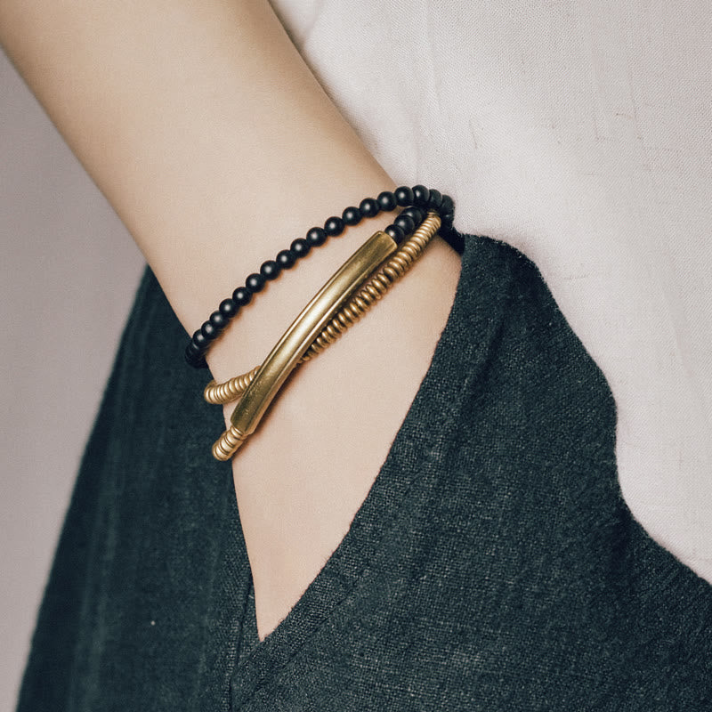 Armband Kupfer Achat Schutz schwarze Perlen goldene Röhrchen elegant