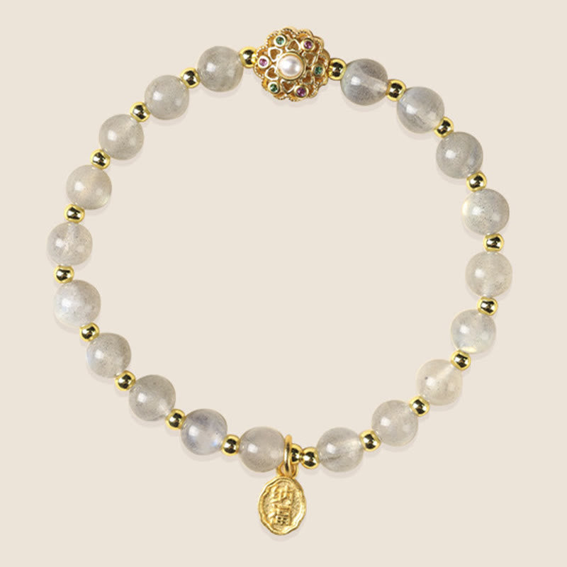 Armband Erdbeerquarz Labradorit Fu-Zeichen Naturstein goldene Perlen elegant.